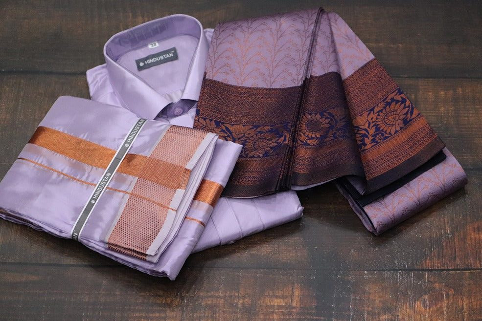 Raja Rani Artsilk Readymade Ultra Violet Shirt+100k Copper Border Matching Set & Saree Combo