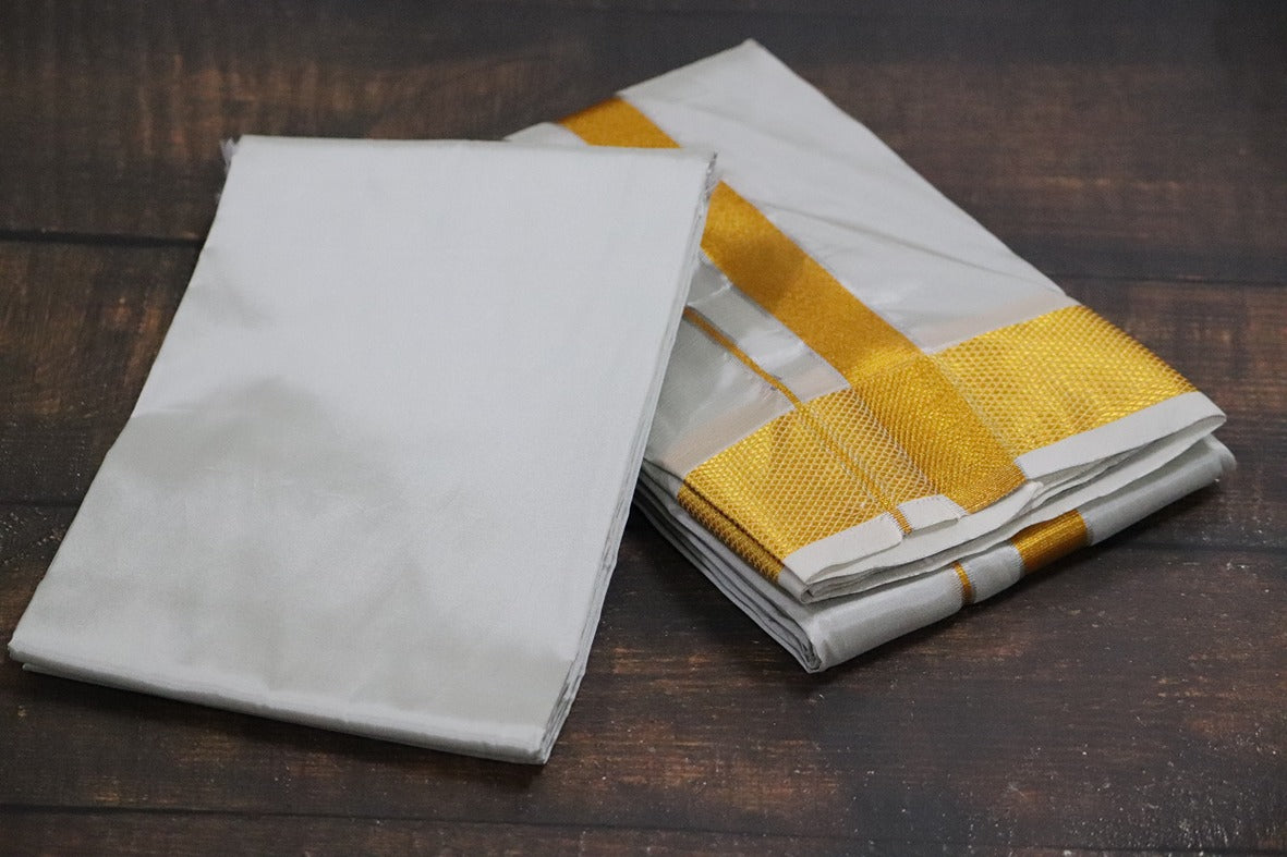 Artsilk Smoke Grey Combo Set (Shirt Fabric+Dhoti) with 100k Gold Border