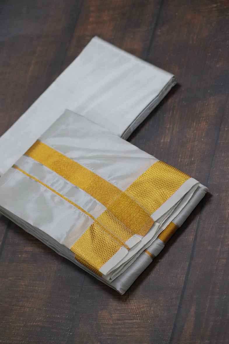 Artsilk Smoke Grey Combo Set (Shirt Fabric+Dhoti) with 100k Gold Border