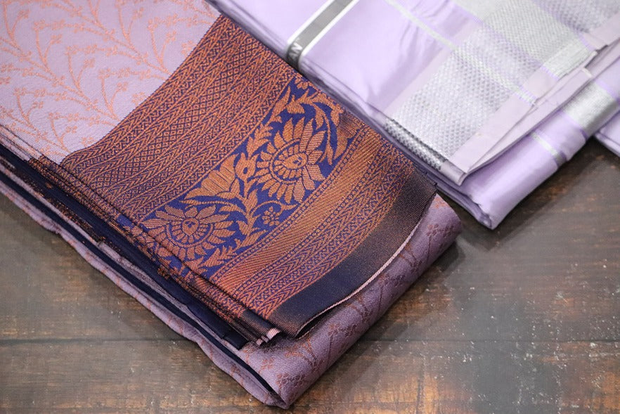 Raja Rani Artsilk Ultra Violet Shirt Material+70k Silver Border & Saree Combo