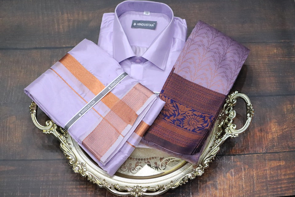 Raja Rani Artsilk Readymade Ultra Violet Shirt+100k Copper Border Matching Set & Saree Combo