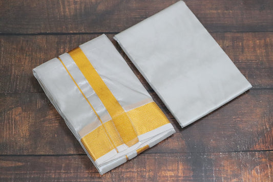 Artsilk Smoke Grey Combo Set (Shirt Fabric+Dhoti) with 100k Gold Border