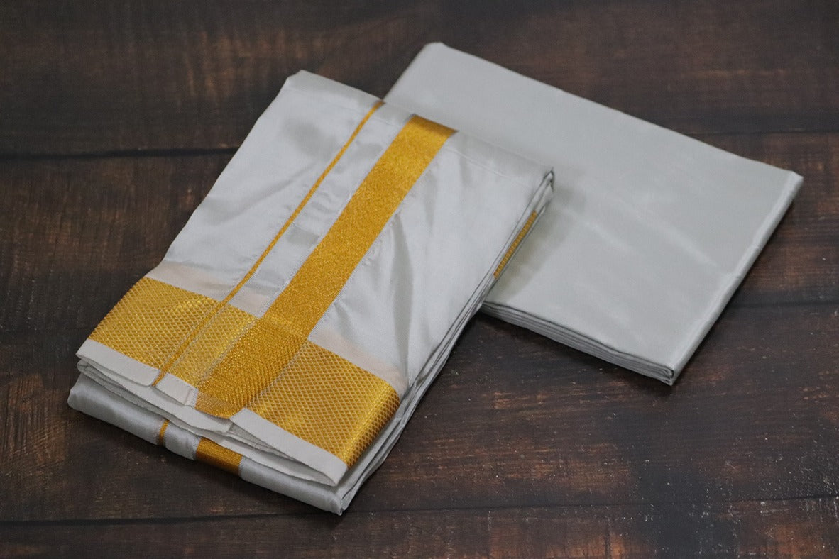 Artsilk Smoke Grey Combo Set (Shirt Fabric+Dhoti) with 100k Gold Border