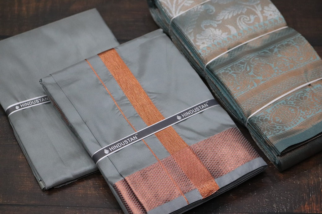 Raja Rani Artsilk Steel Grey Shirt Material+100k Copper Border & Saree Combo